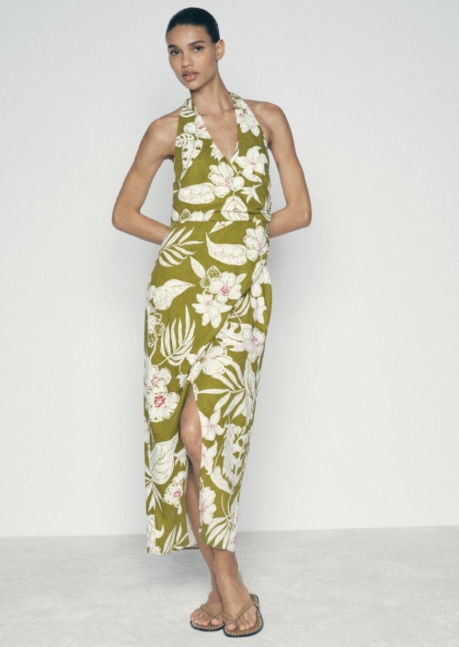 Zara Olive Green Tropical Floral Print Boho Halter Wrap Midi Dress Size Large